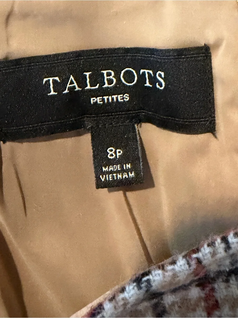 Talbots Petites Beige Plaid Knee Length -SZ 8P- Vented Lined Pencil Skirt
